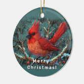 Niedlicher Roter Kardinal mit Winterroten Berries Keramik Ornament (Links)