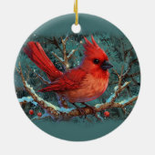 Niedlicher Roter Kardinal mit Winterroten Berries Keramik Ornament (Hinten)