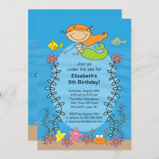 Niedlicher Roter Kopf Mermaid Geburtstag Einladung (Vorne/Hinten)