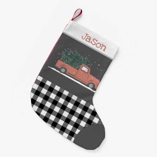 Niedlicher roter LKW-Büffel kariert Schwarz-weiß Kleiner Weihnachtsstrumpf (Vorderansicht (hängend))