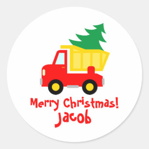 Niedlicher roter LKW mit Weihnachtsbaumaufklebern Runder Aufkleber