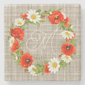 Niedlicher Roter Mohn Weiße Gelbe Daisy Blume Krän Steinuntersetzer (Vorderseite)