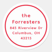 Niedlicher, roter Rahmen Weihnachts-Rücksendeadres Runder Aufkleber (Vorderseite)