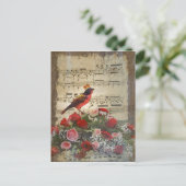 Niedlicher roter Vogel u. Vintages Musikblatt Postkarte (Stehend Vorderseite)