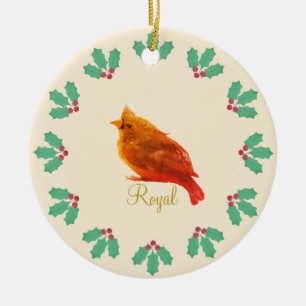 Niedlicher Roter Vogel und Holly Berries Keramik Ornament