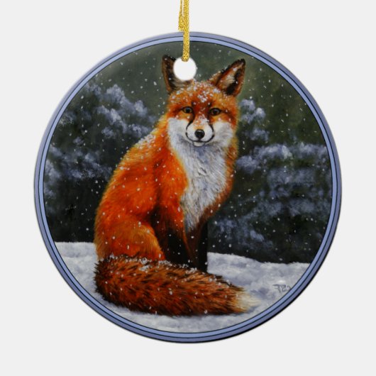 Niedlicher Rotfuchs im Winterschnee Keramik Ornament (Hinten)