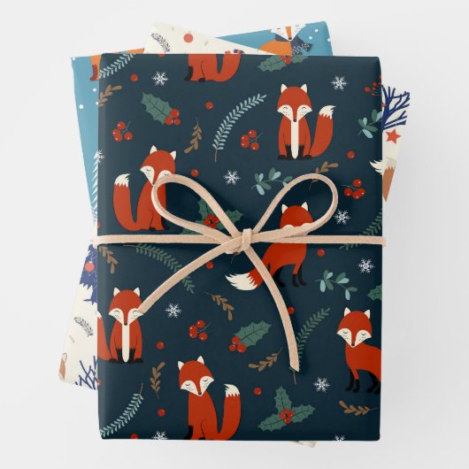 Niedlicher Rotfuchs in drei Weihnachtsmustern Geschenkpapier Set (Beispiel)