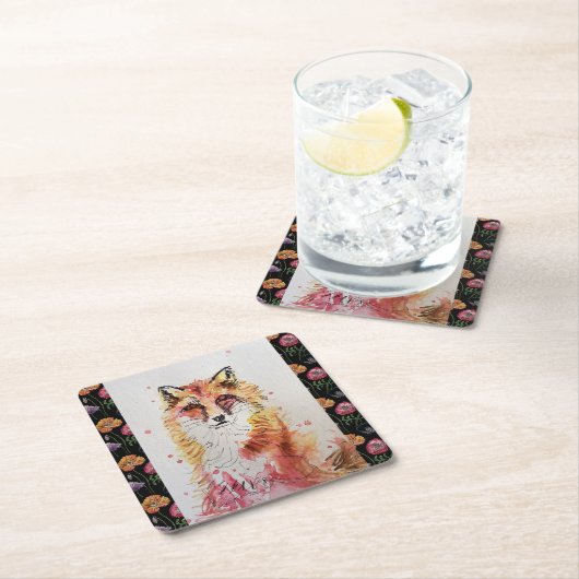 Niedlicher Rotfuchs und Blume trinken Küsten Rechteckiger Pappuntersetzer (Vor Ort)
