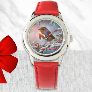 Niedlicher Rotkehlchen Winter Schnee Hübsche Weihn Armbanduhr