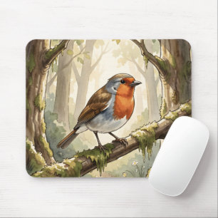 Niedlicher Rotkehlchenvogel im alten Wald Mousepad