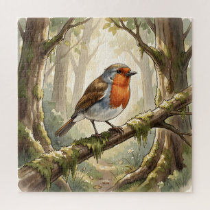Niedlicher Rotkehlchenvogel im alten Wald Puzzle