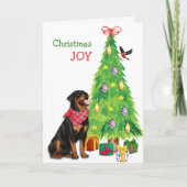 Niedlicher Rottweiler, Vogel und Weihnachtsbaum Feiertagskarte (Vorderseite)