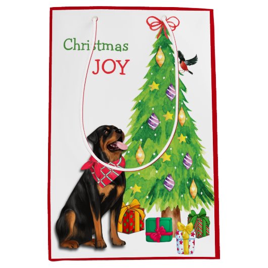 Niedlicher Rottweiler, Vogel und Weihnachtsbaum Mittlere Geschenktüte (Vorderseite)