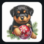 Niedlicher Rottweiler Welpe mit Weihnachtsgeschmac Quadratischer Aufkleber<br><div class="desc">Ein bezaubernder Rottweiler Welpe,  umgeben von festlicher Vegetation,  mit einem roten Weihnachtsschmuck mit Schneeflocken. Der spielerische Ausdruck verleiht der Ferienatmosphäre eine warme und fröhliche Touch und macht sie zu einem zauberhaften saisonalen Begleiter.</div>