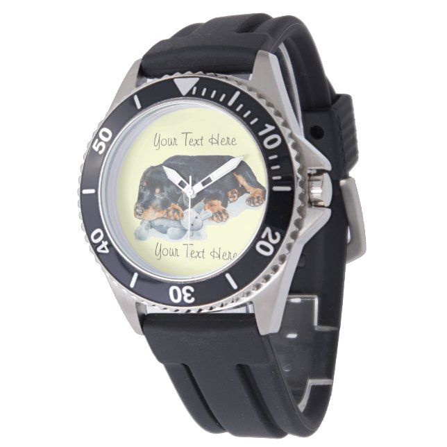 niedlicher Rottweiler-Welpenhund, der Teddy-Bärenk Armbanduhr (Schrägansicht)