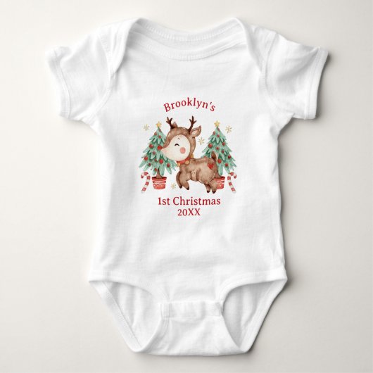 Niedlicher Rudolph Red Nose Rentier Tree 1. Weihna Baby Strampler (Vorderseite)