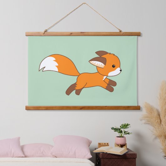Niedlicher Running Fox auf Green Wandteppich Mit Holzrahmen (Schlafzimmer)