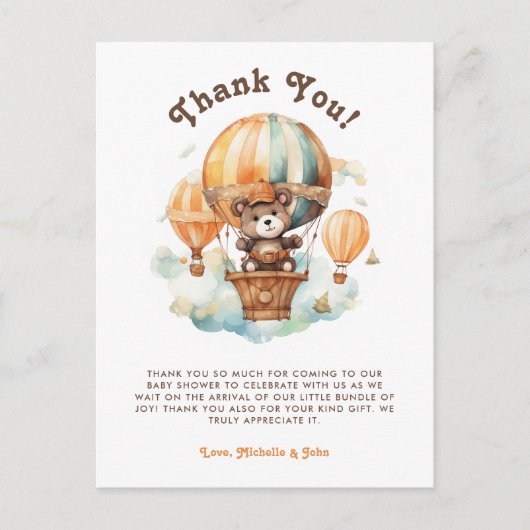 Niedlicher Rustikaler Bär mit Balloons Babydusche Postkarte (Vorderseite)