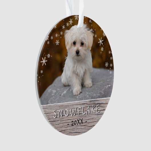Niedlicher Rustikaler Hund Welpe Snowflake 2 Foto Ornament (Vorderseite)