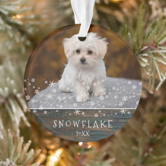 Niedlicher Rustikaler Hund Welpe Snowflake 2 Foto Ornament (Baum)