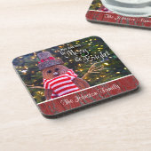 Niedlicher Rustikaler Schneemann-Individuelle Name Getränkeuntersetzer (Linke Seite)