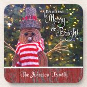 Niedlicher Rustikaler Schneemann-Individuelle Name Getränkeuntersetzer (Vorderseite)