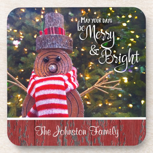 Niedlicher Rustikaler Schneemann-Individuelle Name Getränkeuntersetzer (Vorderseite)
