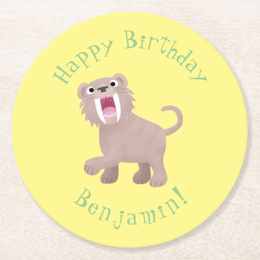 Niedlicher Säbeltoothy Tiger Smilodon Cartoon Runder Pappuntersetzer (Vorderseite)