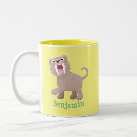 Niedlicher Säbeltoothy Tiger Smilodon Cartoon Zweifarbige Tasse (Links)