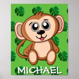 Niedlicher Safari Affe Grüner Cartoon Jungle Name  Poster