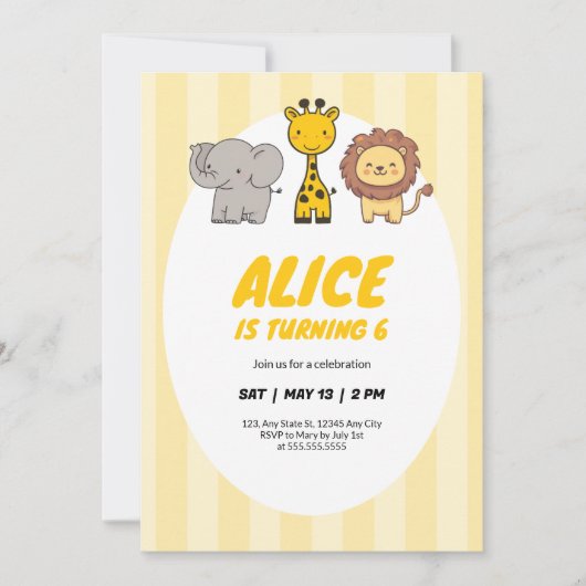Niedlicher Safari Animals Jungle Party Kindergebur Einladung (Vorderseite)