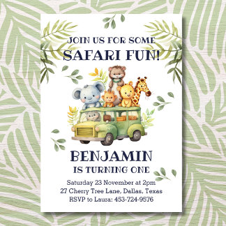 Niedlicher Safari-Dschungel 1. Geburtstag Einladung