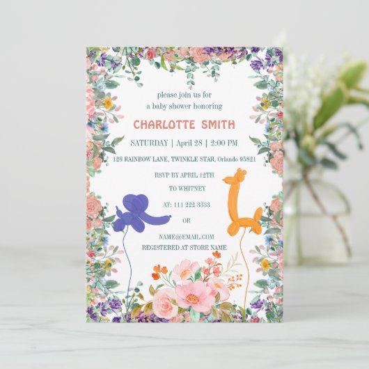 niedlicher Safari-Elefant-Giraffe Ballon Einladung (Stehend Vorderseite)