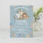 niedlicher Safarizoo Tierdschungel Floral Geburtsn Einladung (Stehend Vorderseite)