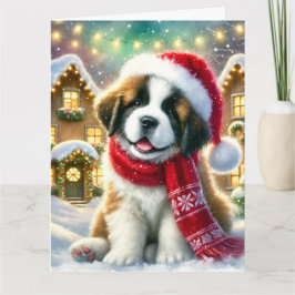 Niedlicher Saint Bernard Welpe im Weihnachtsdorf Karte