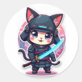 Niedlicher Samurai Cat Anime-Aufkleber für Noteboo Runder Aufkleber (Vorderseite)