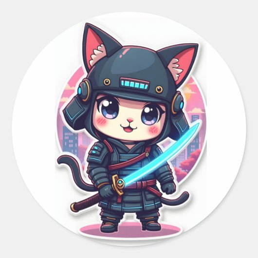 Niedlicher Samurai Cat Anime-Aufkleber für Noteboo Runder Aufkleber (Vorderseite)
