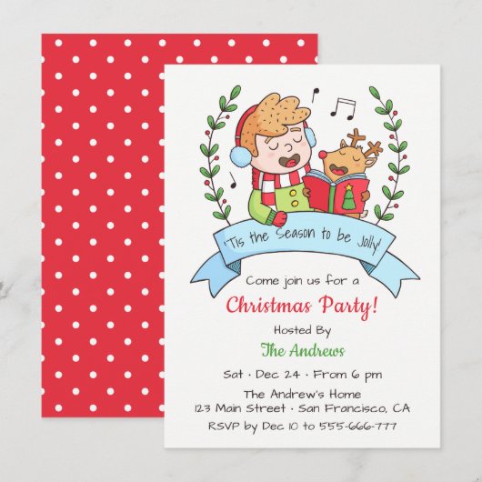 Niedlicher Sänger und Rentier Weihnachts-Party Einladung (Vorne/Hinten)
