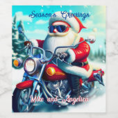 Niedlicher Santa auf einem Motorrad Weinetikett (Einzelnes Label)