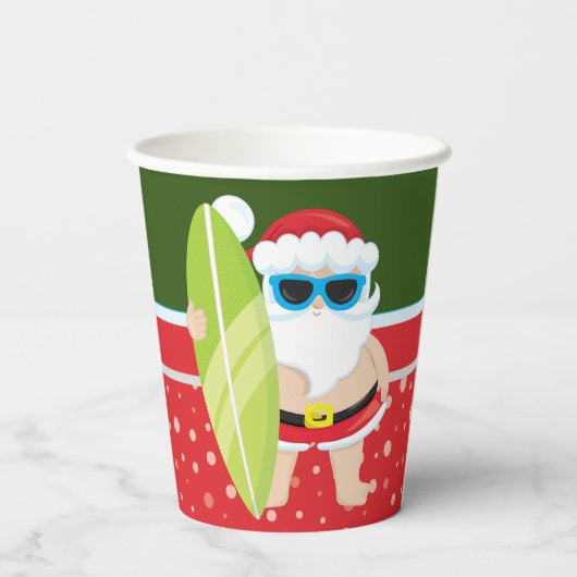 Niedlicher Santa Claus mit Surfbrett Strand Typ Pappbecher (Rückseite)