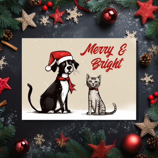 Niedlicher Santa Dog und Katze Frohe und helle Wei Feiertagskarte