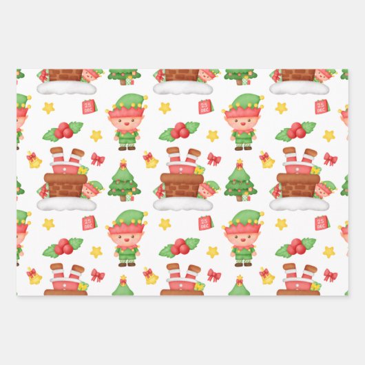 Niedlicher Santa Elf Streifen Winter Berry Weihnac Geschenkpapier Set (Vorderseite)