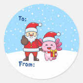 Niedlicher Santa mit Axolotl, von und nach Runder Aufkleber (Vorderseite)