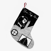 Niedlicher Santa mit Sack auf dem Dach, schwarz un Kleiner Weihnachtsstrumpf (Vorderansicht (hängend))