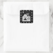 niedlicher Santa mit sackschwarz-weißem Weihnachts Quadratischer Aufkleber (Tasche)