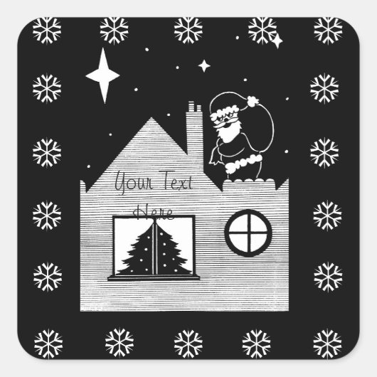 niedlicher Santa mit sackschwarz-weißem Weihnachts Quadratischer Aufkleber (Vorderseite)