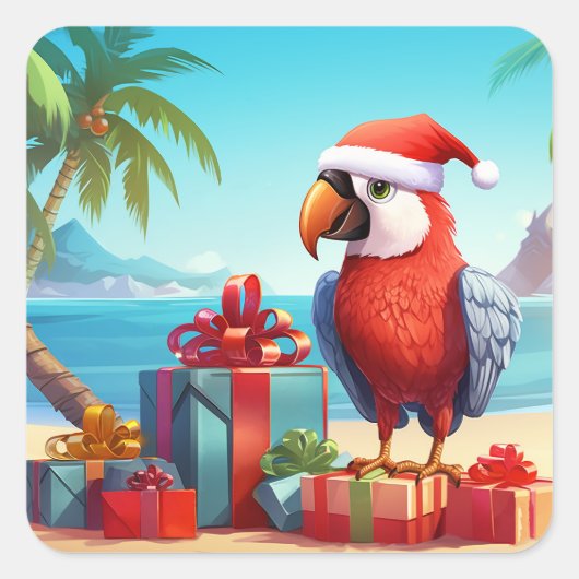 Niedlicher Santa Parrot Tropical Beach Weihnachten Quadratischer Aufkleber (Vorderseite)