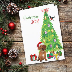 Niedlicher Santa Red Dackel Hund und Weihnachtsbau Feiertagskarte