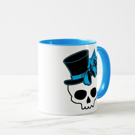 Niedlicher Schädel mit Top Hat Rose Blue Bow Tasse (VorderseiteRechts)