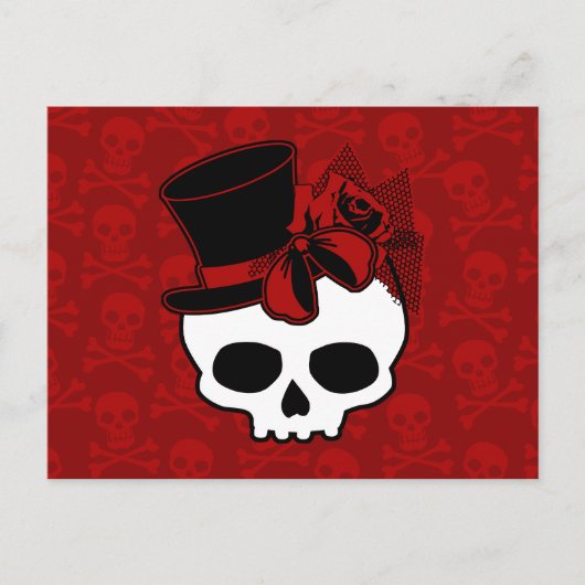 Niedlicher Schädel mit Top Hat Rose Red Bow Postkarte (Vorderseite)